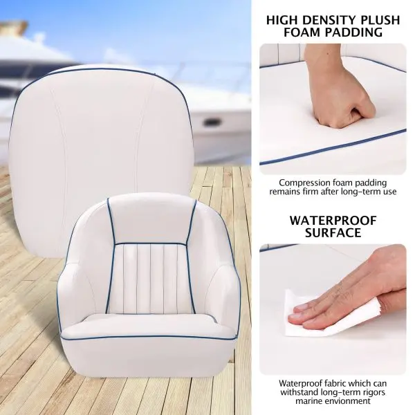 White-and-Blue Captains Bucket Pontoon Seat – Marine-Grade Folding Backrest, Cabin-Ready Design