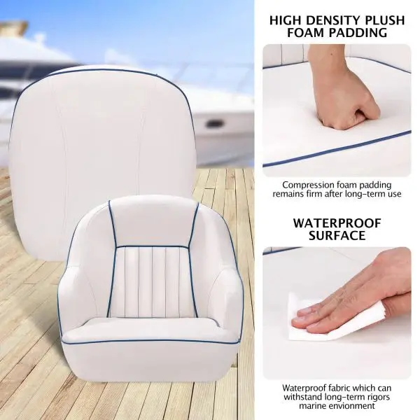 White-and-Blue Pontoon Boat Captain’s Seat — Space-Saving Fold-Back Backrest Design