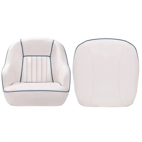 White-and-Blue Pontoon Boat Captain’s Seat — Space-Saving Fold-Back Backrest Design