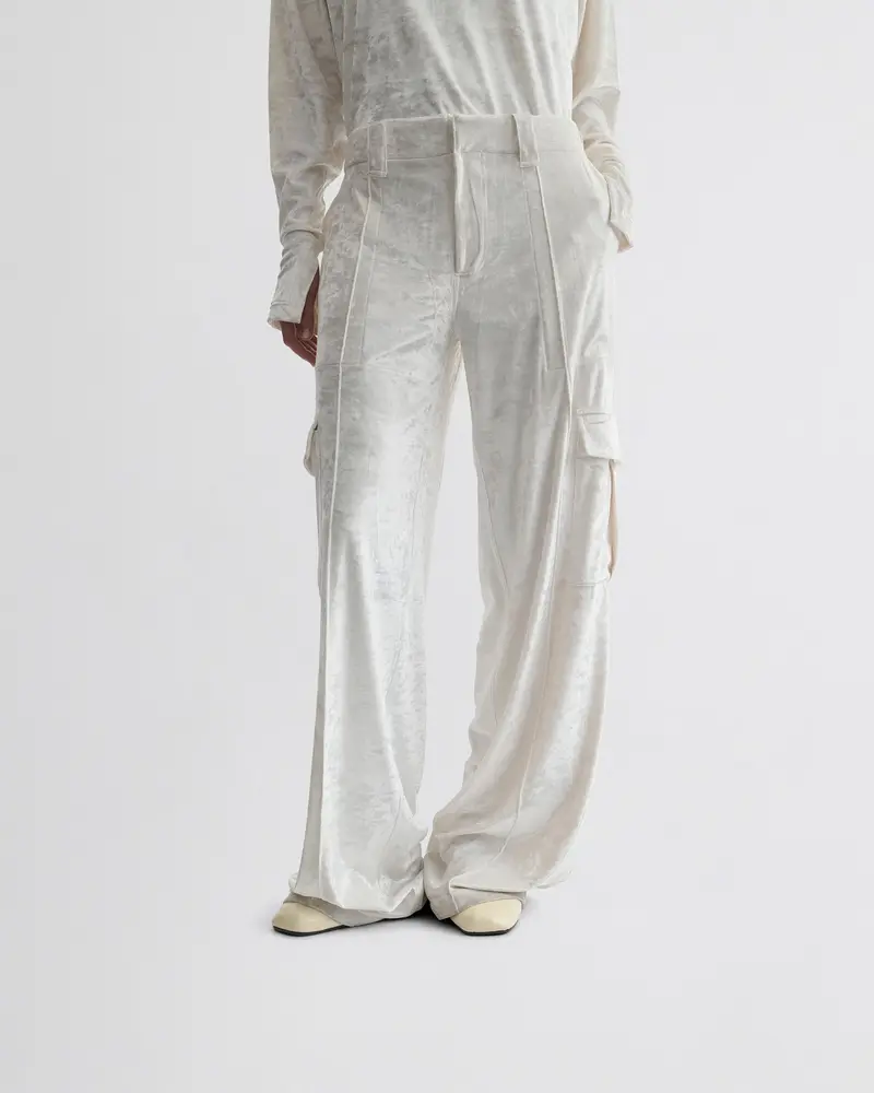 White Crushed Velvet Liquid Cargo Trousers