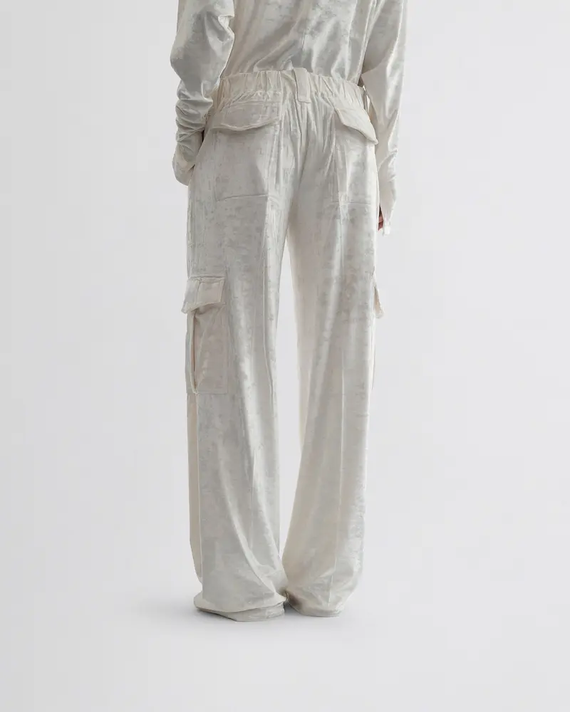 White Crushed Velvet Liquid Cargo Trousers