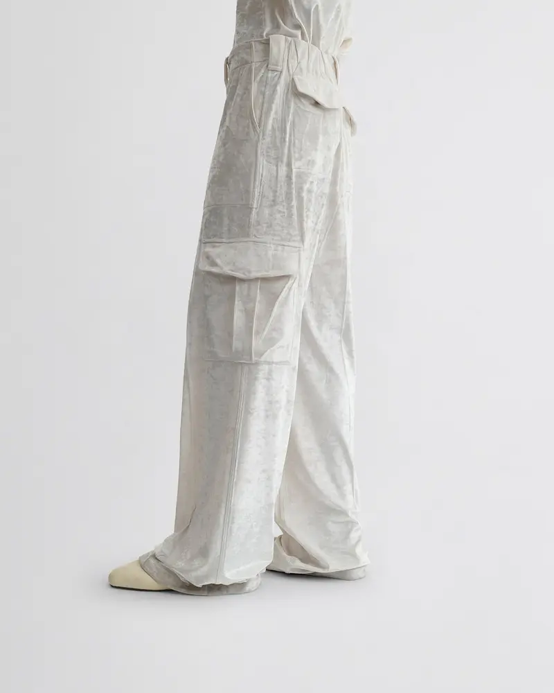 White Crushed Velvet Liquid Cargo Trousers