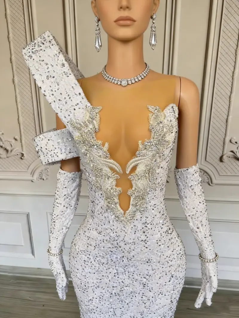 White Sequined Mermaid Evening Dress – Deep V-Neck, Asymmetrical Strap Design, Full-Length Formal Gown