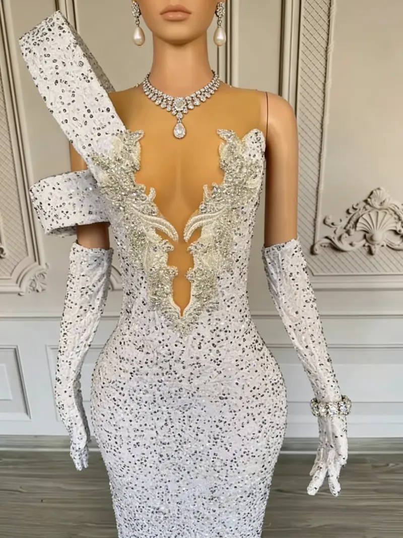 White Sequined Mermaid Evening Dress – Deep V-Neck, Asymmetrical Strap Design, Full-Length Formal Gown 2