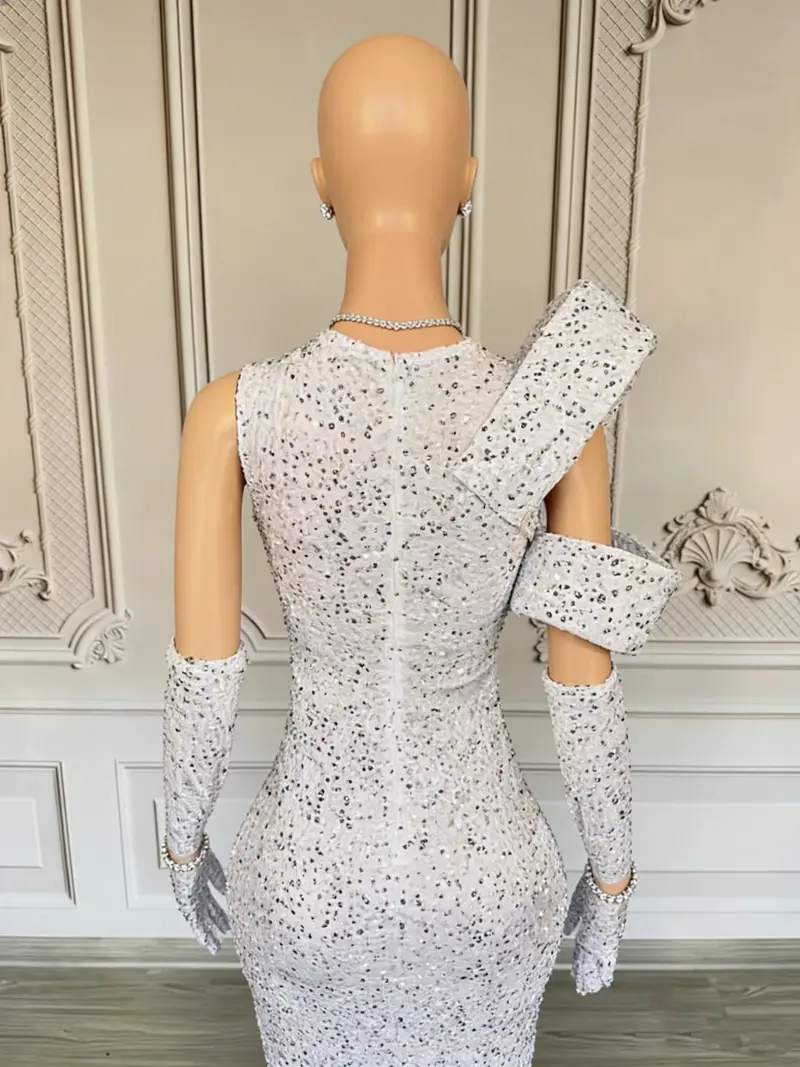 White Sequined Mermaid Evening Dress – Deep V-Neck, Asymmetrical Strap Design, Full-Length Formal Gown