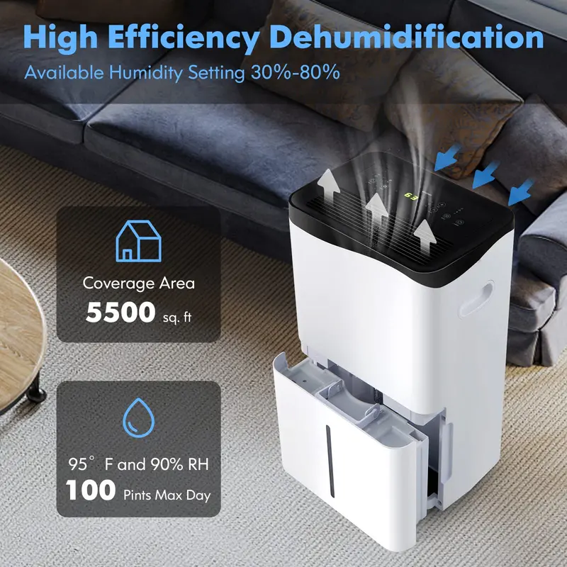 Wi-Fi Smart Dehumidifier (100 Pint) – Alexa-Compatible App Control for Spaces up to 5,500 Sq. Ft.