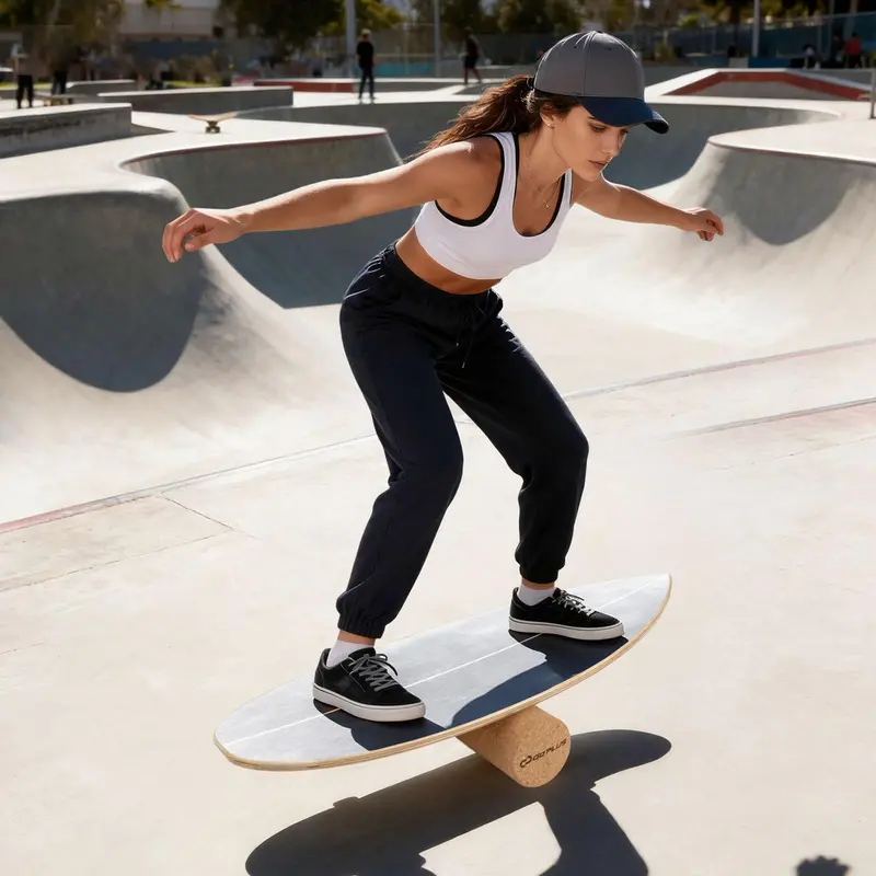 Wooden Cork-Roller Balance Board with Built-In Storage Rack for Core Stability Training 2
