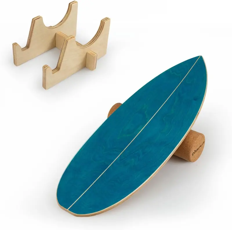 Wooden Cork-Roller Balance Board with Built-In Storage Rack for Core Stability Training