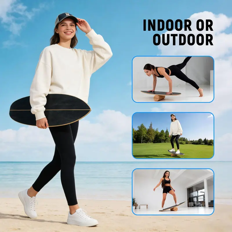 Wooden Cork-Roller Balance Board with Built-In Storage Rack for Core Stability Training