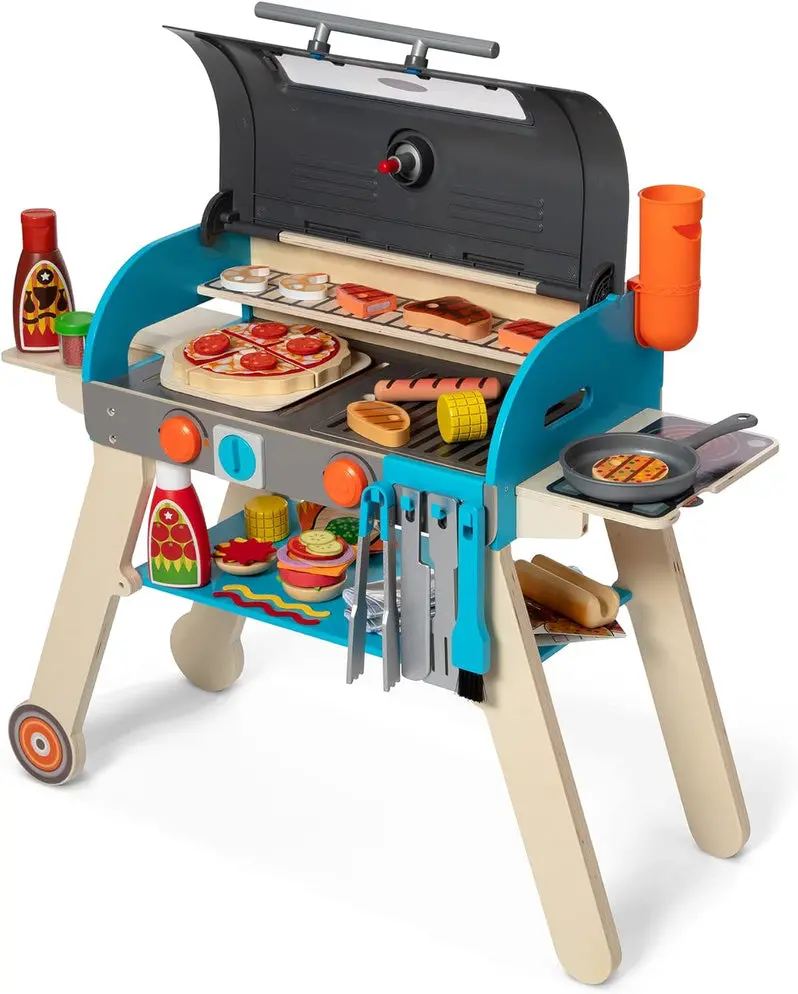 Wooden Pretend Grill, Smoker & Pizza Oven Set – Interactive Kitchen Role-Play Toy