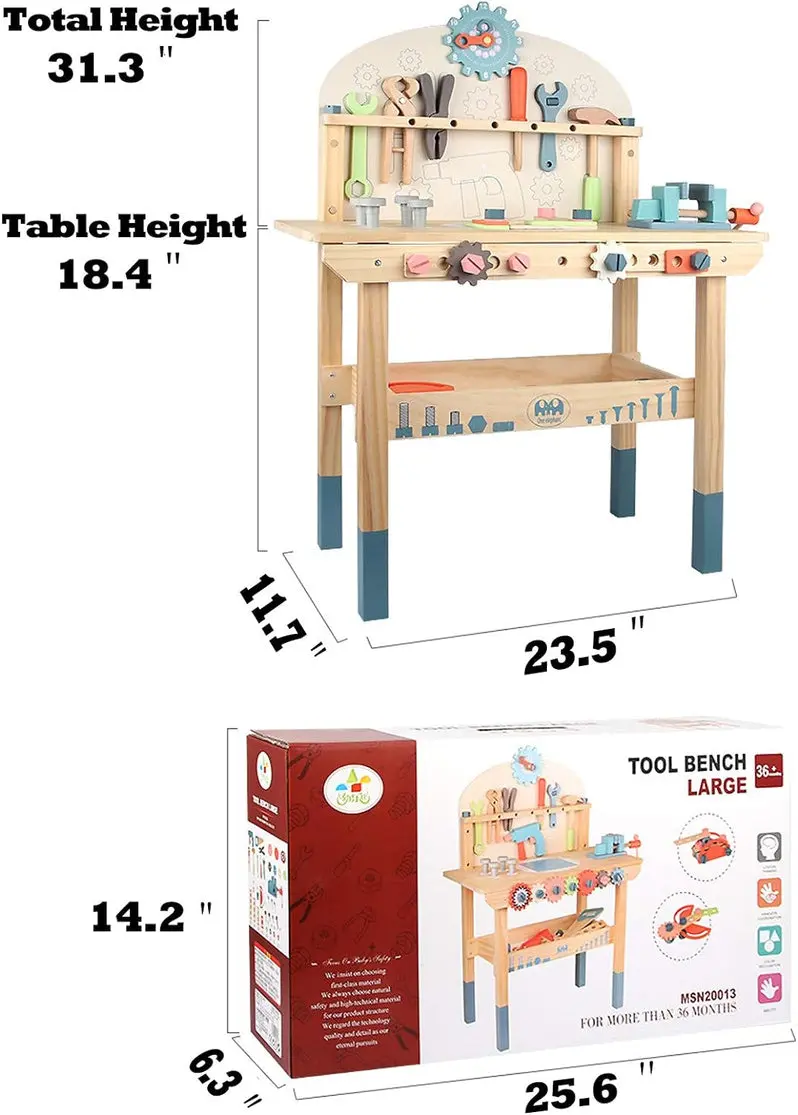 Wooden Toy Tool Workbench – Hands-On Construction Learning Center with Realistic Play Tools