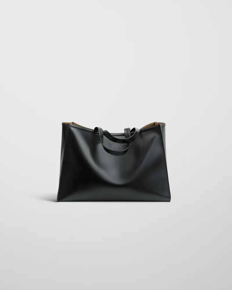Xl Semi-Structured Cabas | Smooth Black Calf Leather With Silver Dog-Clip