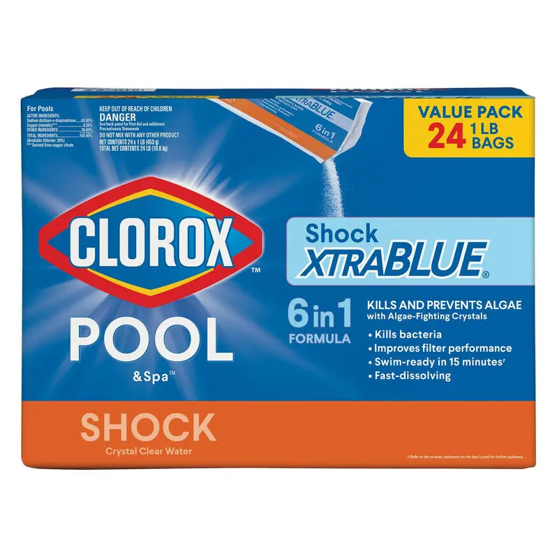 XtraBlue Pool Shock and Algaecide – 1 lb Resealable Bag (24-Pack) for Spas, Hot Tubs, and Small Pools