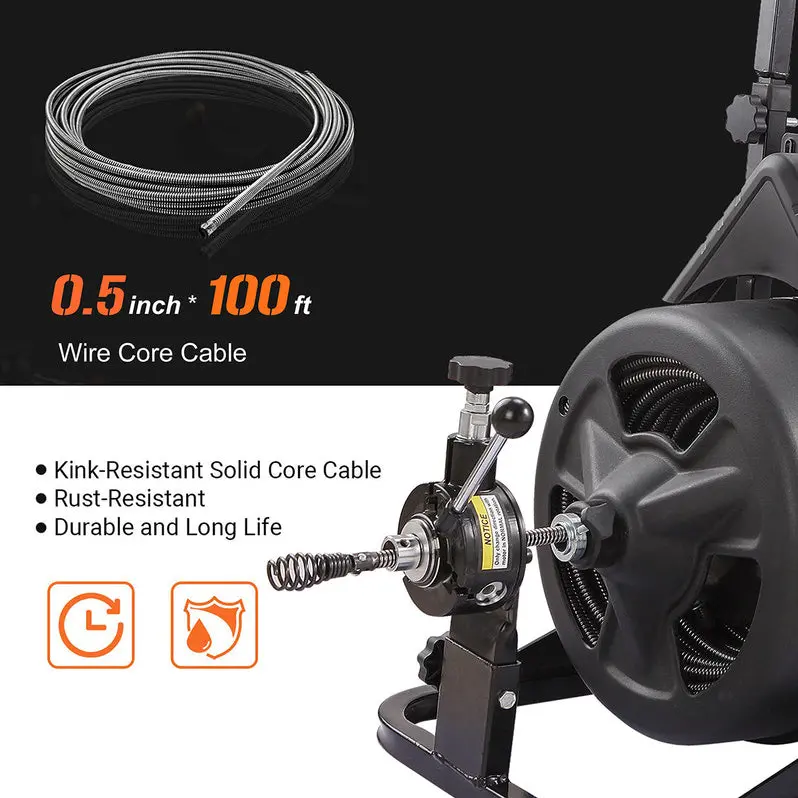 XtremepowerUS Commercial-Grade Electric Drain Auger – 100-Foot Cable with Pro Attachments for Clogs